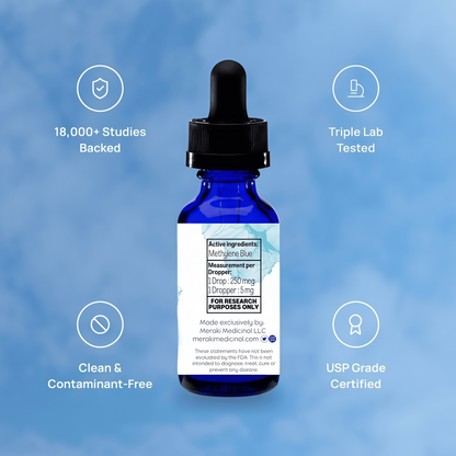Meraki Methylene Blue Drops – Pharmaceutical Grade Nootropic Supplement for Brain Health - Dietary Supplement Support for Focus & Clarity – Third-Party Tested Formula – 30ml Glass Dropper Bottle